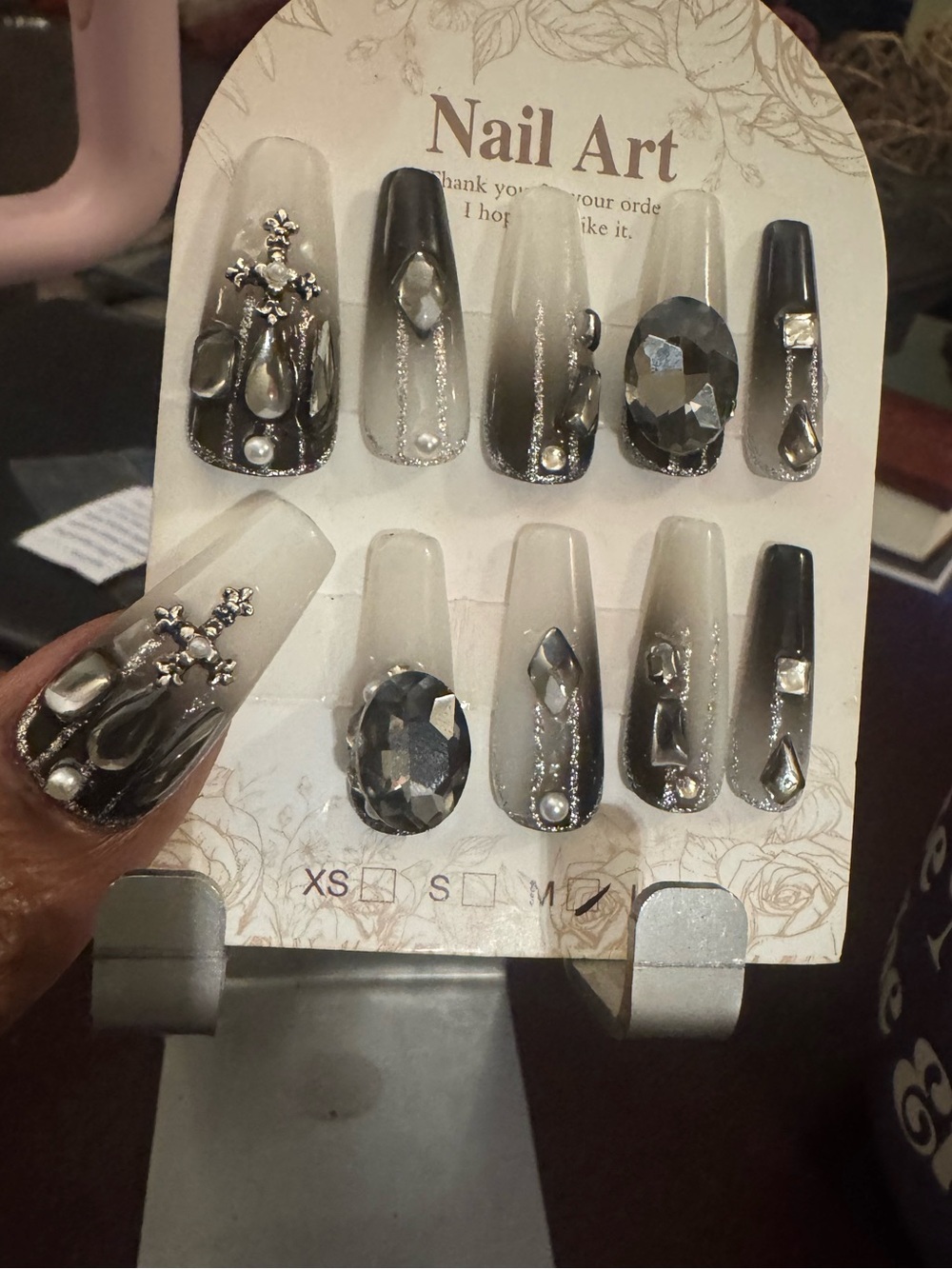 Ombre Black & Gray Rhinestone Press-On Nails (Long Coffin)